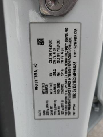 5YJ3E1EC5MF914436 - 2021 TESLA MODEL 3 თეთრი ფოტო 13