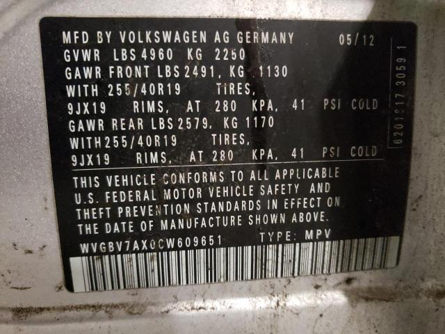 WVGBV7AX0CW609651 - 2012 VOLKSWAGEN TIGUAN S SILVER photo 13