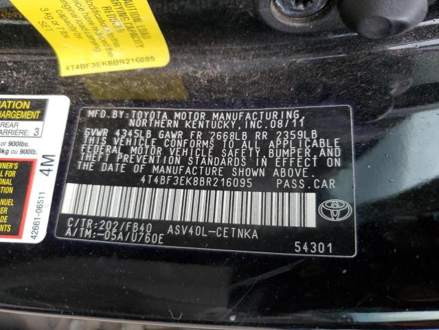 4T4BF3EK8BR216095 - 2011 TOYOTA CAMRY BASE BLACK photo 12