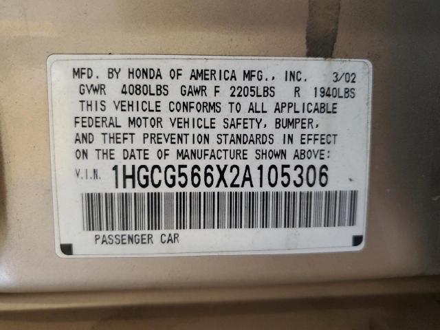 1HGCG566X2A105306 - 2002 HONDA ACCORD EX GOLD photo 12