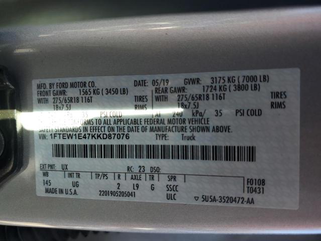 1FTEW1E47KKD87076 - 2019 FORD F150 SUPERCREW SILVER photo 12