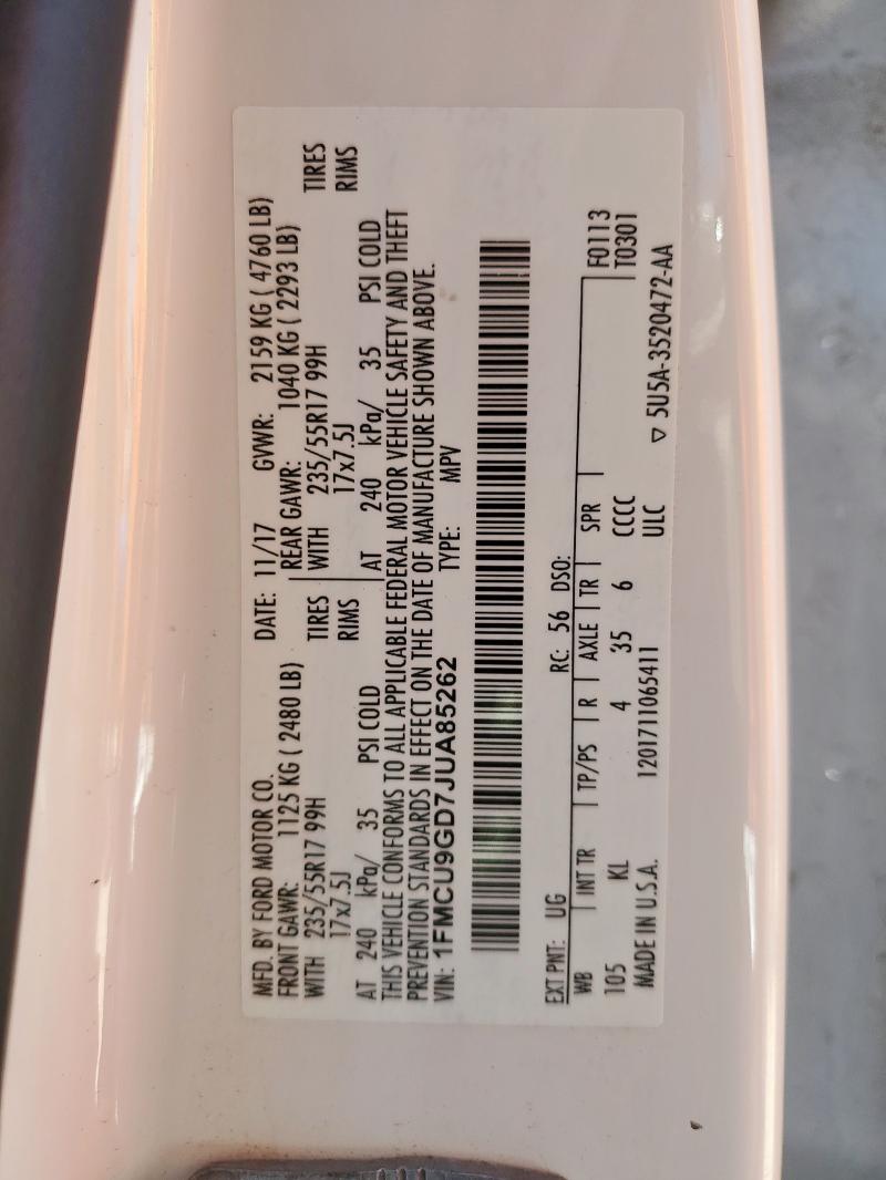 1FMCU9GD7JUA85262 - 2018 FORD ESCAPE SE Blanc photo 13