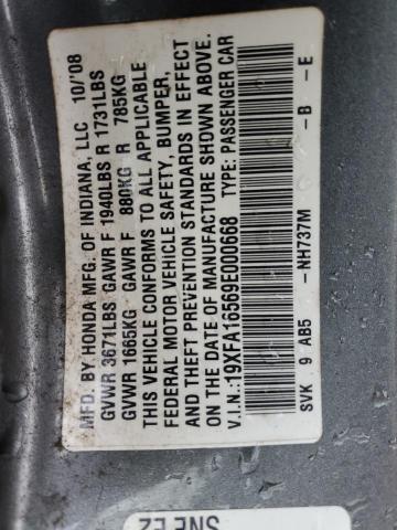 19XFA16569E000668 - 2009 HONDA CIVIC LX CHARCOAL photo 12