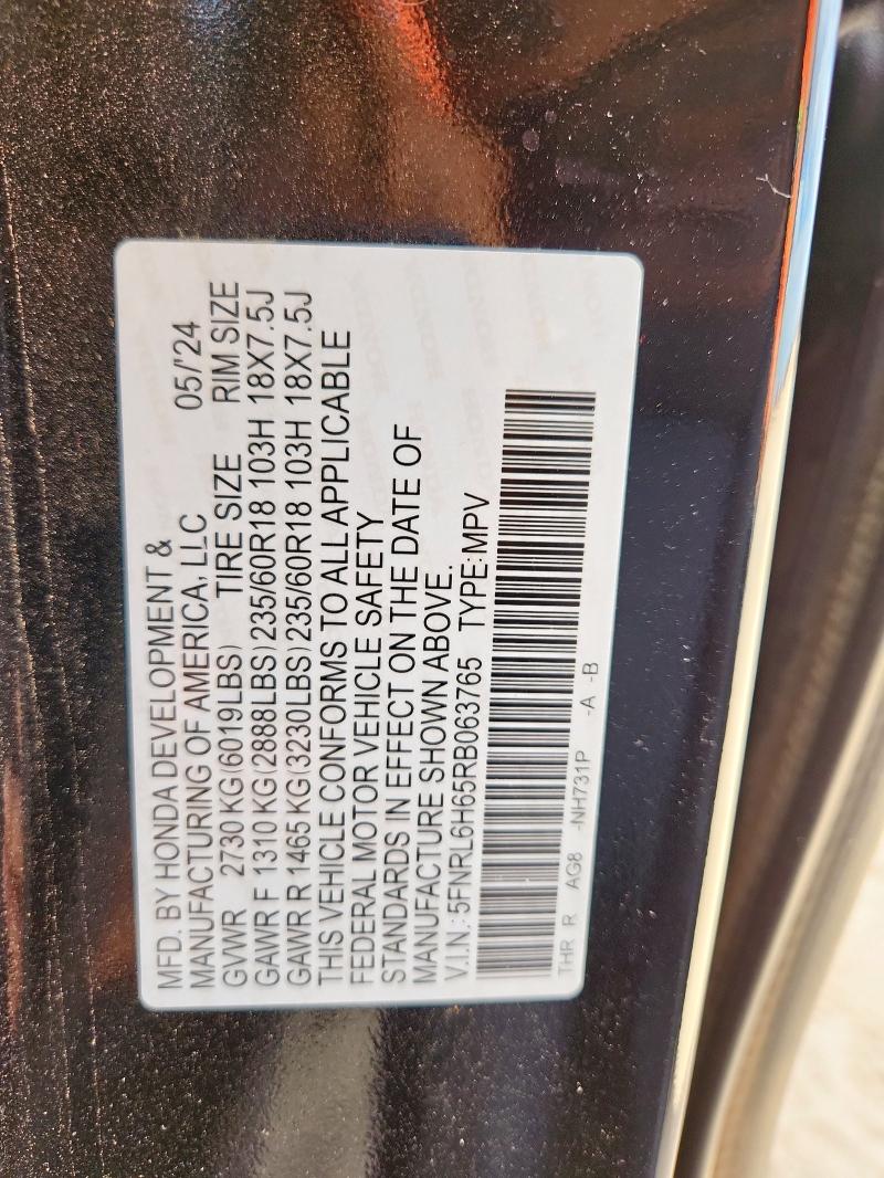 5FNRL6H65RB063765 - 2024 HONDA ODYSSEY EXL BLACK photo 13