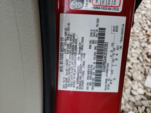 3FAHP0GA4CR320283 - 2012 FORD FUSION S RED photo 13