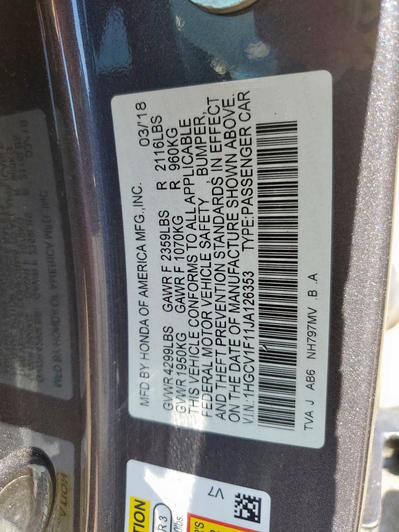 1HGCV1F11JA126353 - 2018 HONDA ACCORD LX 灰色 照片 12