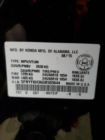 5FNYF6H36GB503644 - 2016 HONDA PILOT EX BLACK photo 13