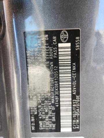 4T4BF3EK0BR120512 - 2011 TOYOTA CAMRY BASE GRAY photo 12