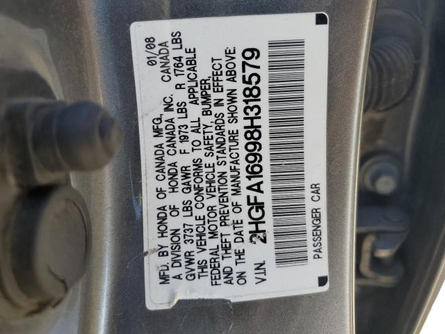 2HGFA16998H318579 - 2008 HONDA CIVIC EXL GRAY photo 12