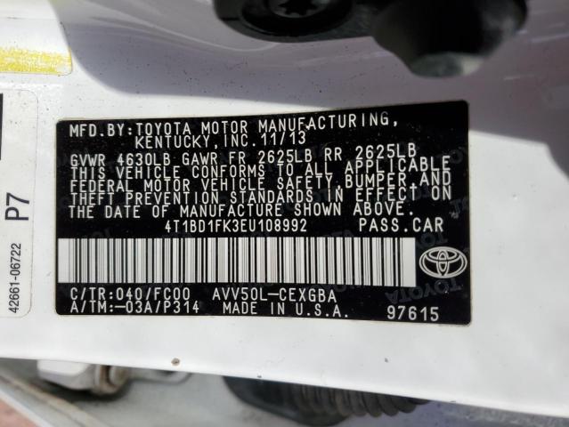 4T1BD1FK3EU108992 - 2014 TOYOTA CAMRY HYBRID WHITE photo 12