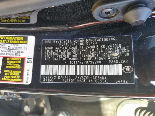4T1C11AK2PU792280 - 2023 TOYOTA CAMRY LE Սև լուսանկար 12