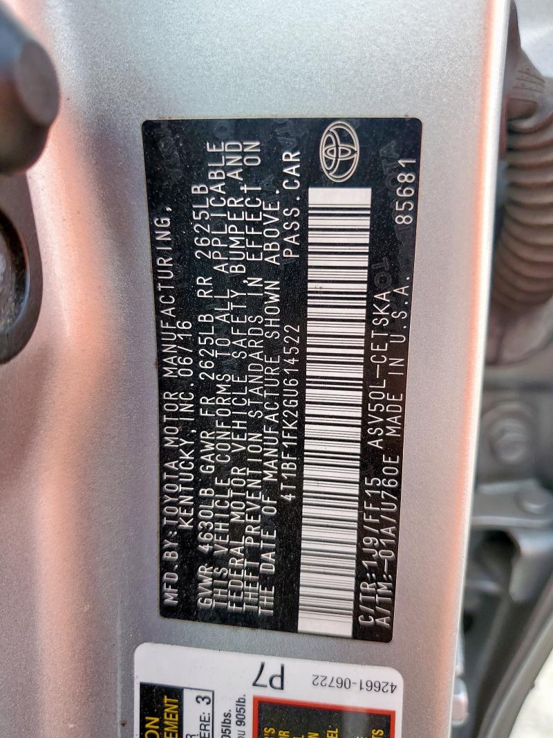 4T1BF1FK2GU614522 - 2016 TOYOTA CAMRY LE SILVER photo 12