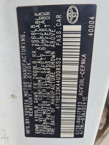 4T1BE32K44U308552 - 2004 TOYOTA CAMRY LE WHITE photo 12
