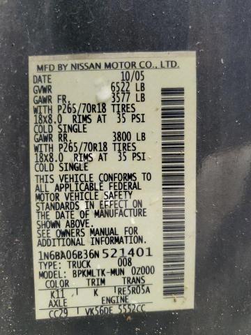 1N6BA06B36N521401 - 2006 NISSAN TITAN XE Boz foto 12