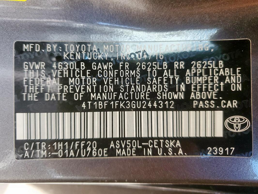 4T1BF1FK3GU244312 - 2016 TOYOTA CAMRY LE ნაცრისფერი ფოტო 12