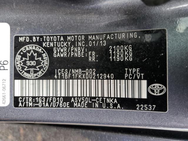 4T1BF1FKXDU212940 - 2013 TOYOTA CAMRY L GRAY photo 13