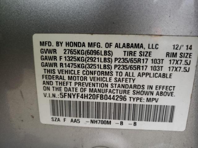 5FNYF4H20FB044296 - 2015 HONDA PILOT LX SILVER photo 13