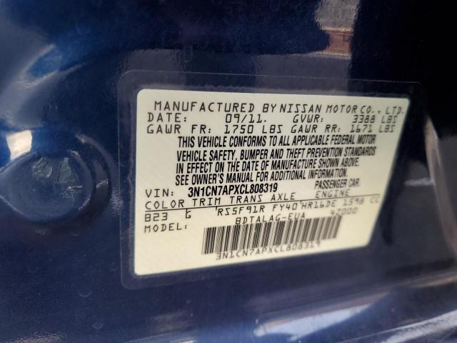 3N1CN7APXCL808319 - 2012 NISSAN VERSA S BLUE photo 12