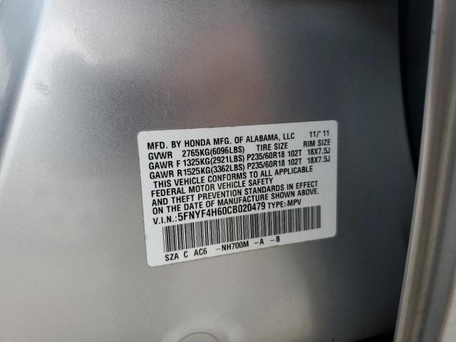 5FNYF4H60CB020479 - 2012 HONDA PILOT EXL SILVER photo 13
