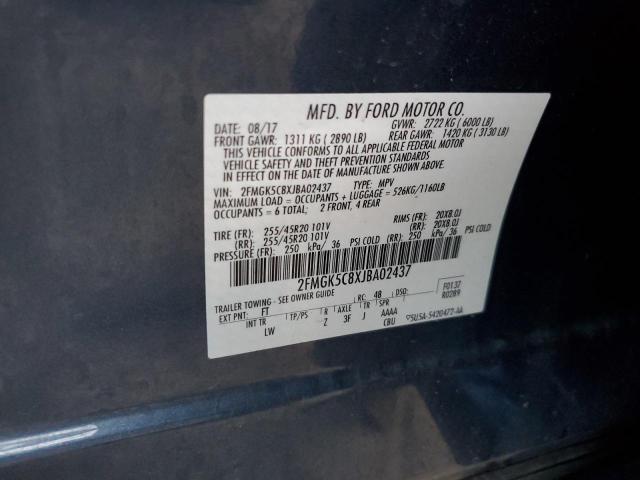 2FMGK5C8XJBA02437 - 2018 FORD FLEX SEL BLUE photo 12