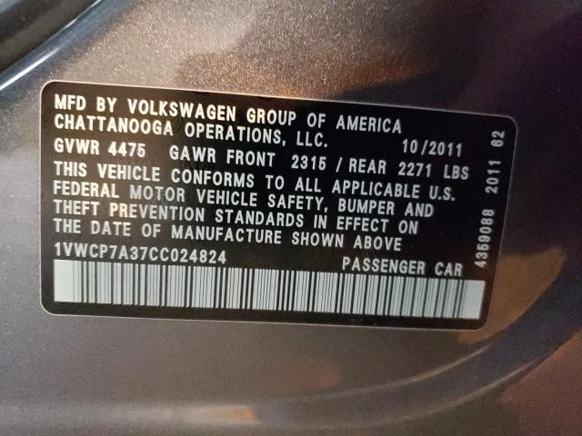 1VWCP7A37CC024824 - 2012 VOLKSWAGEN PASSAT SEL GRAY photo 13