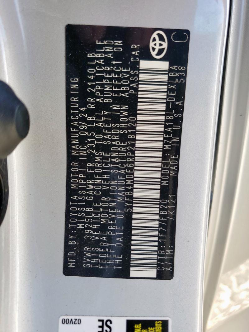 5YFB4MDE6RP218120 - 2024 TOYOTA COROLLA LE SILVER photo 13