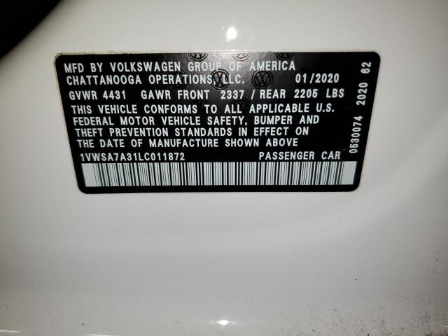 1VWSA7A31LC011872 - 2020 VOLKSWAGEN PASSAT SE WHITE photo 12