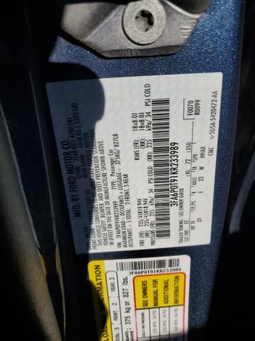 3FA6P0T91KR233989 - 2019 FORD FUSION SE BLUE photo 12