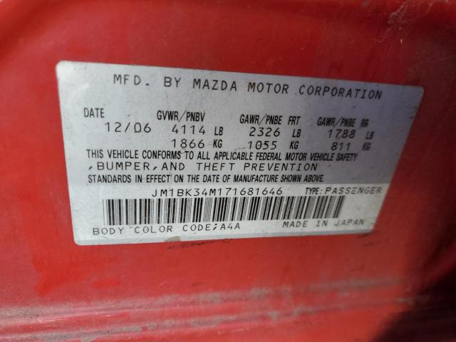JM1BK34M171681646 - 2007 MAZDA SPEED 3 RED photo 12