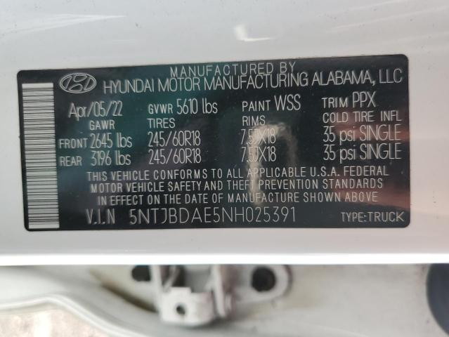 5NTJBDAE5NH025391 - 2022 HYUNDAI SANTA CRUZ SEL WHITE photo 12