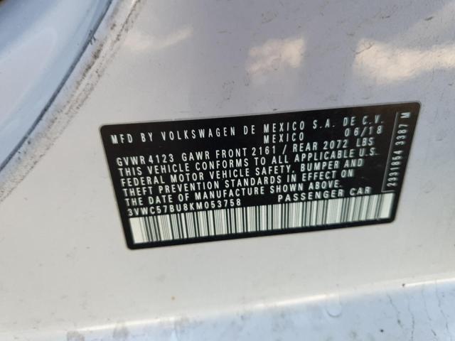 3VWC57BU8KM053758 - 2019 VOLKSWAGEN JETTA S WHITE photo 12