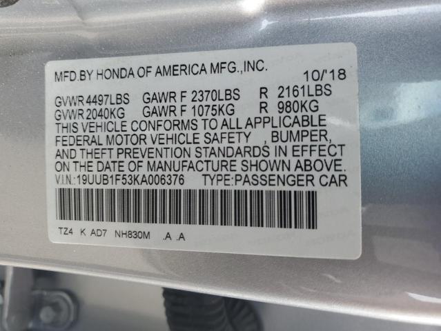 19UUB1F53KA006376 - 2019 ACURA TLX TECHNOLOGY Արծաթագույն լուսանկար 12