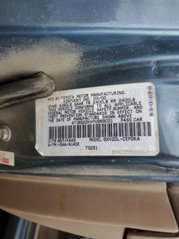 4T1BG22KXYU989021 - 2000 TOYOTA CAMRY CE ტალღისფერი ფოტო 12
