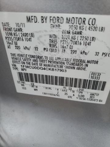 1FMCU0DG4CKB17903 - 2012 FORD ESCAPE XLT SILVER photo 13