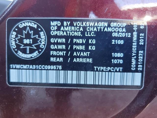 1VWCM7A31CC099575 - 2012 VOLKSWAGEN PASSAT SEL BURGUNDY photo 12