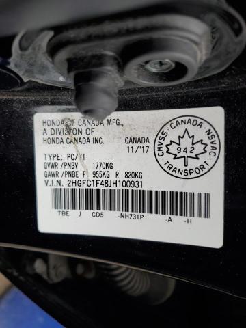 2HGFC1F48JH100931 - 2018 HONDA CIVIC EX Қара фото 13