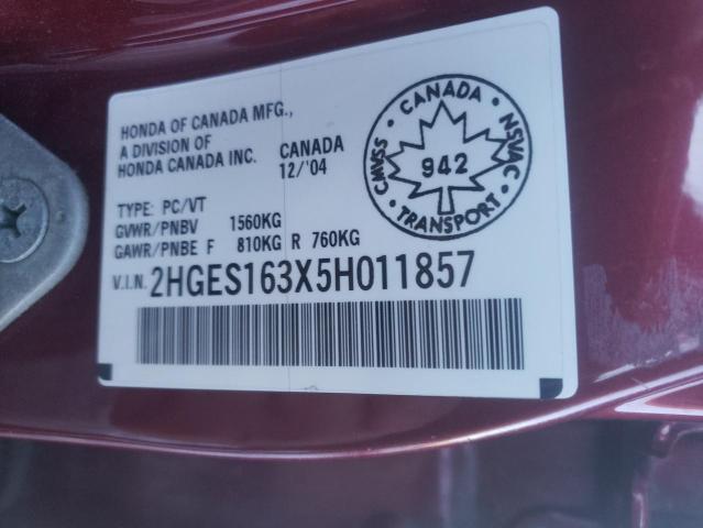 2HGES163X5H011857 - 2005 HONDA CIVIC DX VP أحمر صورة 12