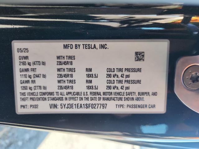 5YJ3E1EA1SF027797 - 2025 TESLA MODEL 3 黑色 照片 12