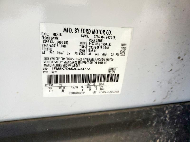 1FM5K7D85JGC84772 - 2018 FORD EXPLORER XLT WHITE photo 13