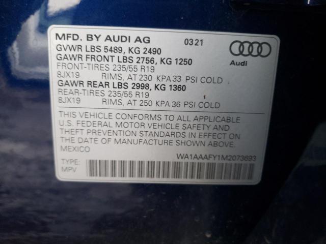 WA1AAAFY1M2073693 - 2021 AUDI Q5 PREMIUM BLUE photo 12