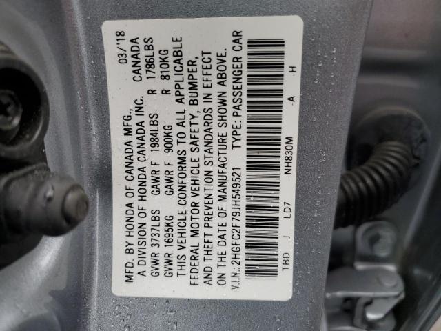 2HGFC2F79JH549521 - 2018 HONDA CIVIC EX SILVER photo 12