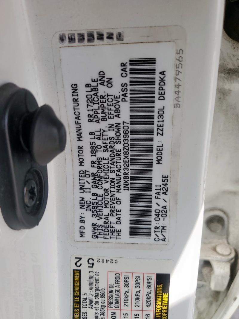 1NXBR32EX8Z039607 - 2008 TOYOTA COROLLA CE 白色 照片 12