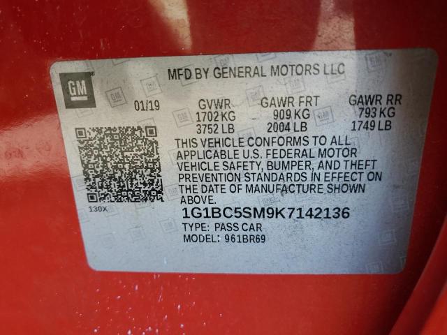 1G1BC5SM9K7142136 - 2019 CHEVROLET CRUZE LS RED photo 12