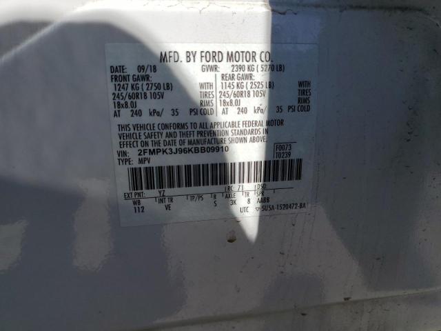 2FMPK3J96KBB09910 - 2019 FORD EDGE SEL Ağ foto 12