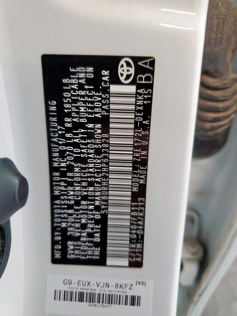 5YFBURHE2HP633828 - 2017 TOYOTA COROLLA L WHITE photo 12