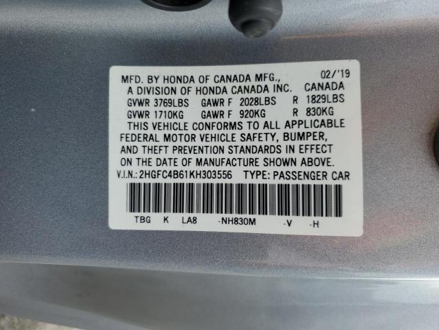 2HGFC4B61KH303556 - 2019 HONDA CIVIC LX فضي صورة 12