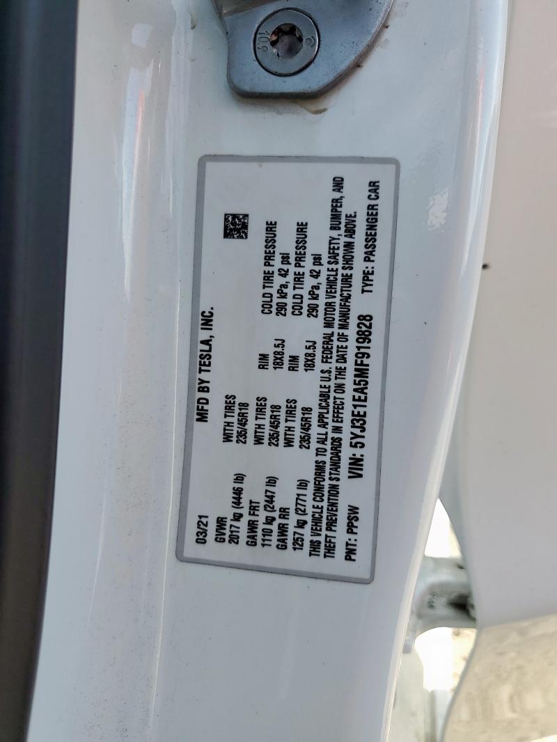 5YJ3E1EA5MF919828 - 2021 TESLA MODEL 3 أبيض صورة 13
