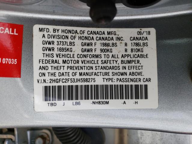 2HGFC2F53JH598275 - 2018 HONDA CIVIC LX SILVER photo 12