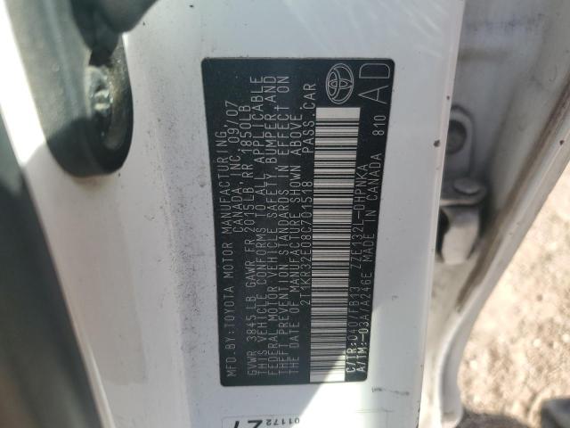 2T1KR32E08C701518 - 2008 TOYOTA COROLLA MA XR WHITE photo 12