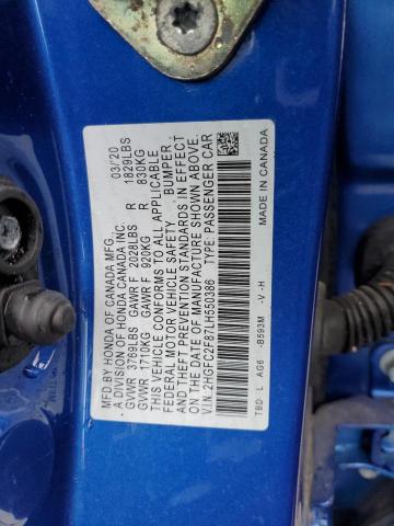 2HGFC2F87LH550386 - 2020 HONDA CIVIC SPORT 蓝色 照片 12
